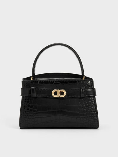Charles & Keith Aubrielle Croc-Effect Top Handle Bag - Black