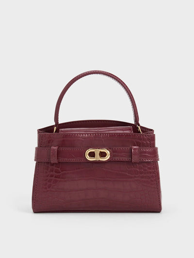 Charles & Keith Aubrielle Croc-Effect Top Handle Bag - Black hover