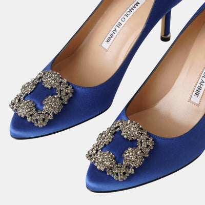 Manolo Blahnik HANGISI 70 Blue Satin Jewel Buckle Pumps hover