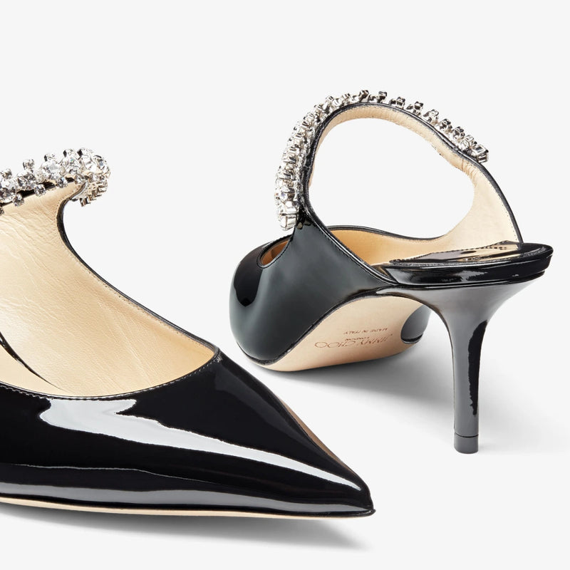 Jimmy Choo Bing 65  Black Patent Leather Mules with Crystal Strap