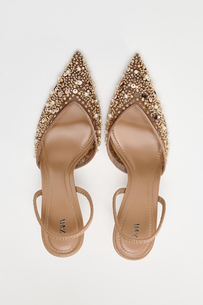 ZARA MESH AND BEAD SLINGBACK HEELS