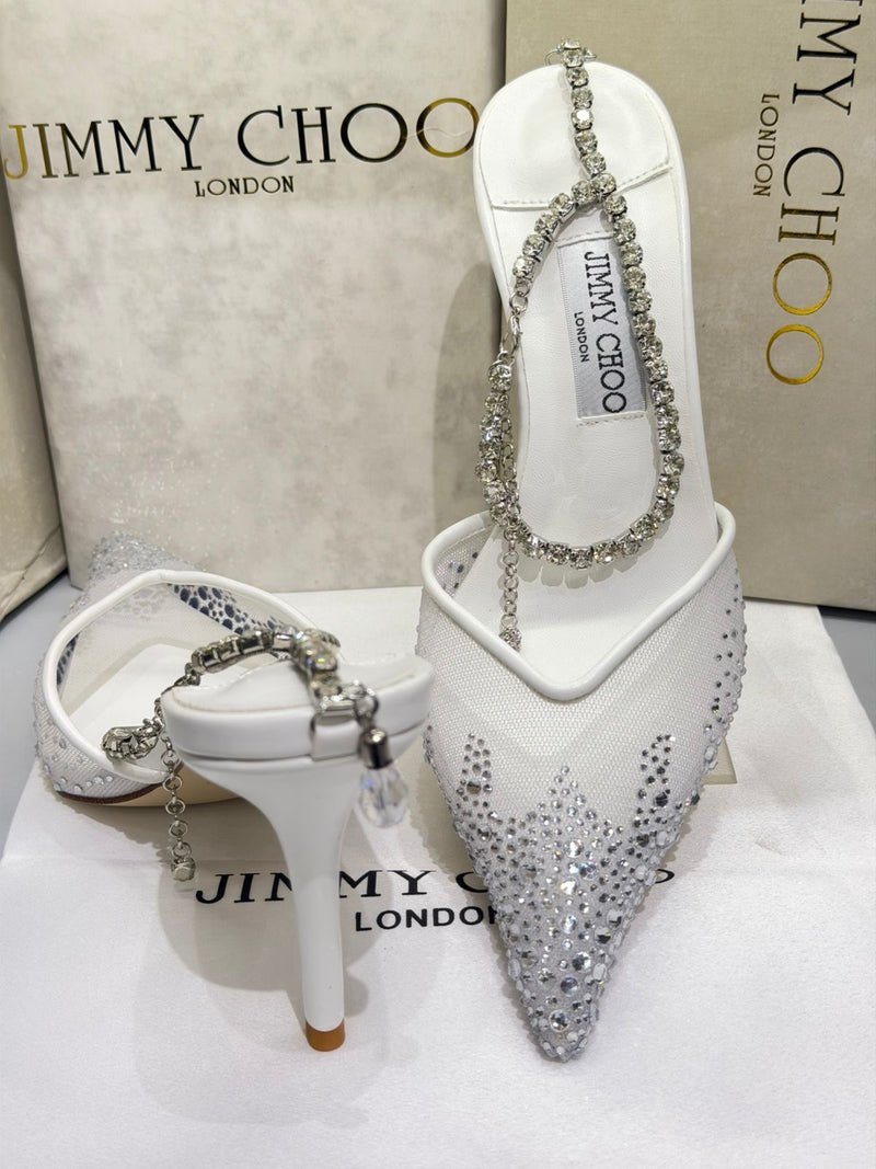 Jimmy Choo Saeda 85  White Crystal Mesh Pumps
